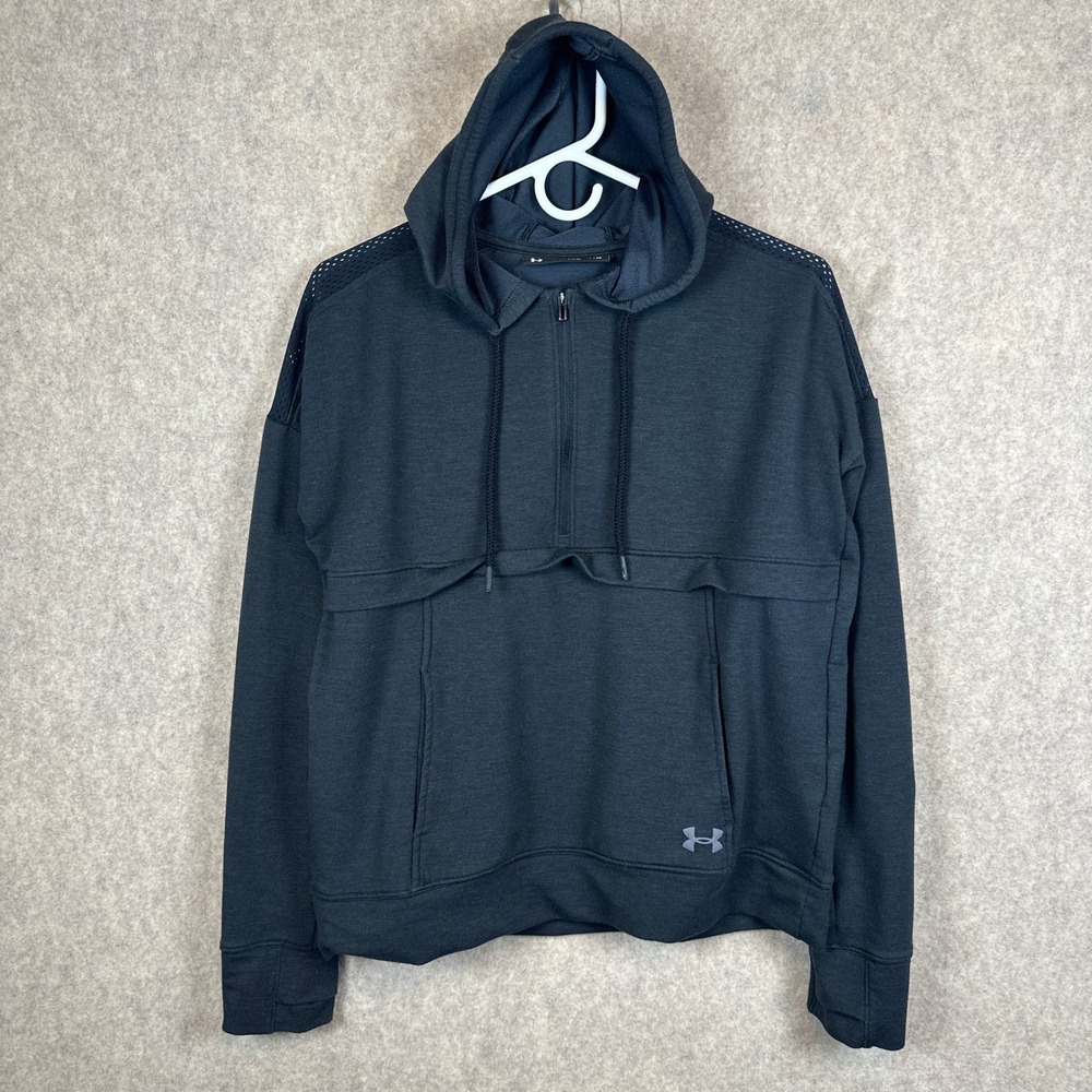 Under Armour Womens Medium Black Half Zip Hoodie Loose Fit Mesh Cropped Athletic